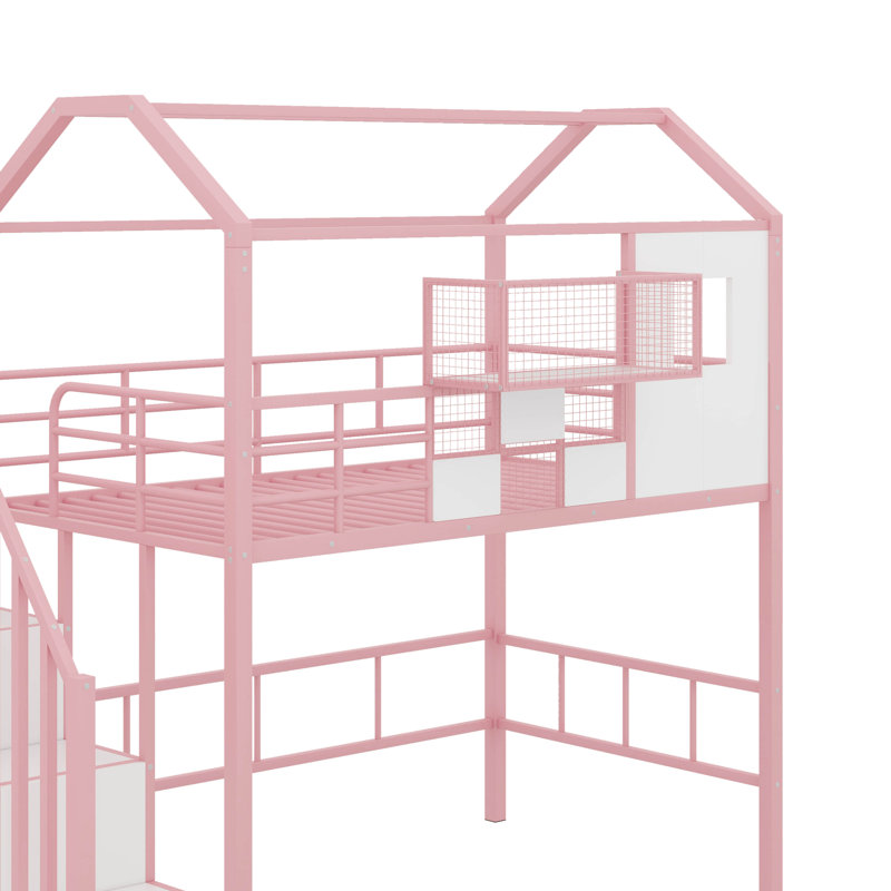 Twin Metal Loft Bed With Roof Design And A Storage Box, Pink
