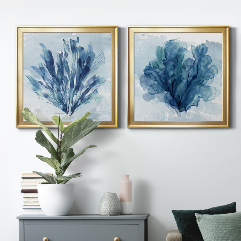 Alexio Coastal Coral I - 2 pièces, peinture sur toile encadrée, Cadre doré, H 17,5 po x l 35 po x P 1,5 po