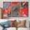 Gris et rouge, art abstrait fluide de luxe - 3 pièces, cadre flottant, impression sur toile