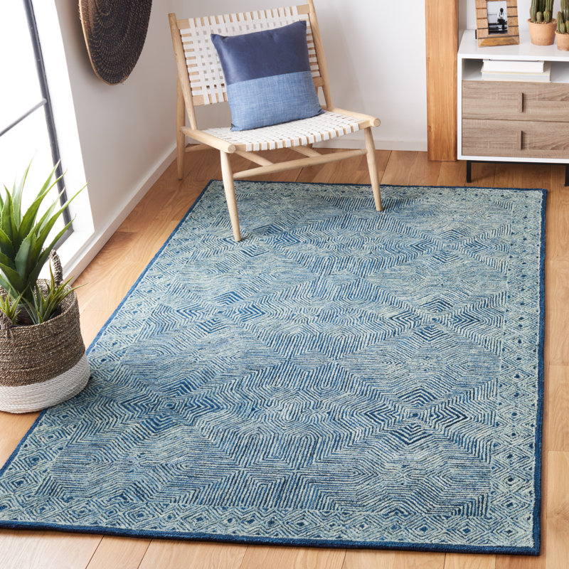 Kaysville Micro-Loop Hand Tufted Wool/Cotton Geometric Rug in Navy, Rectangle 5' x 8'