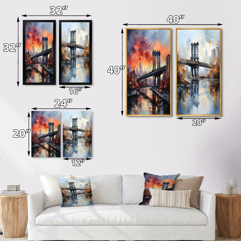 «Coral Bridge Urban Silhouettes», 2 pièces sur toile, Cadre blanc, H 32 po x l 32 po