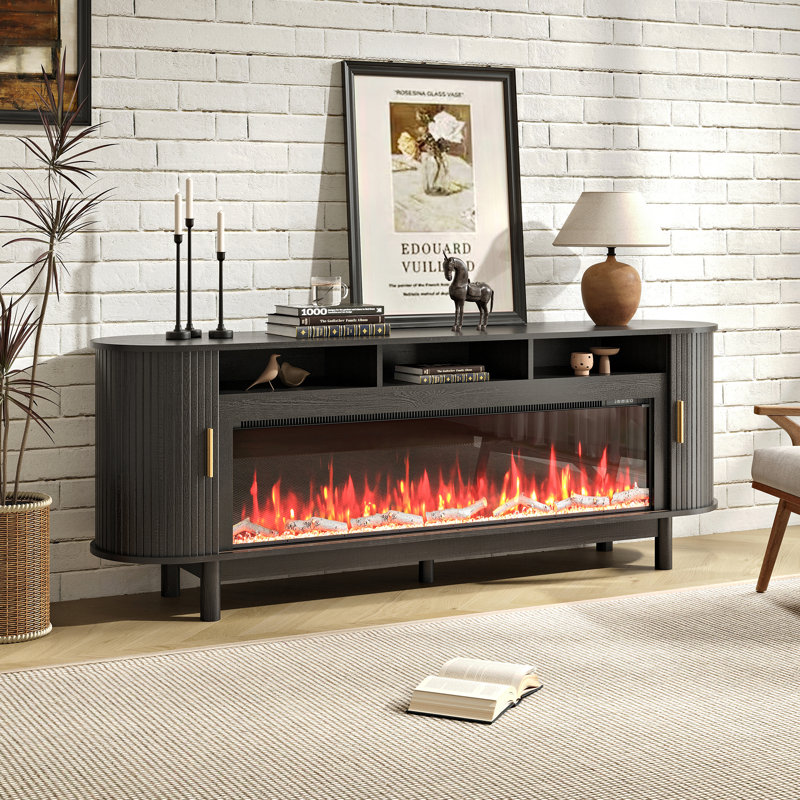 71 Inch Modern Fireplace Tv Stand For Tvs Up To 80 Inches, Mid Century Tv Console With Solid Wood Legs, Sliding Doors & Curved Design,media Console For Living Room, Black