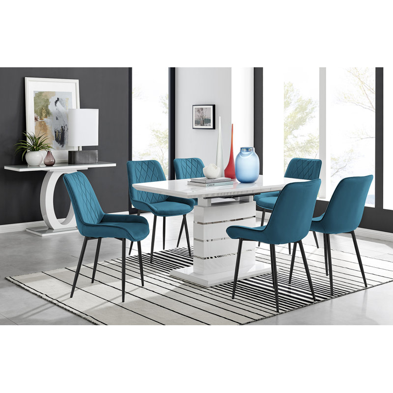 Renne Modern High Gloss Extendable Dining Table Set With 6 Luxury Velvet Dining Chairs, Blue/Black