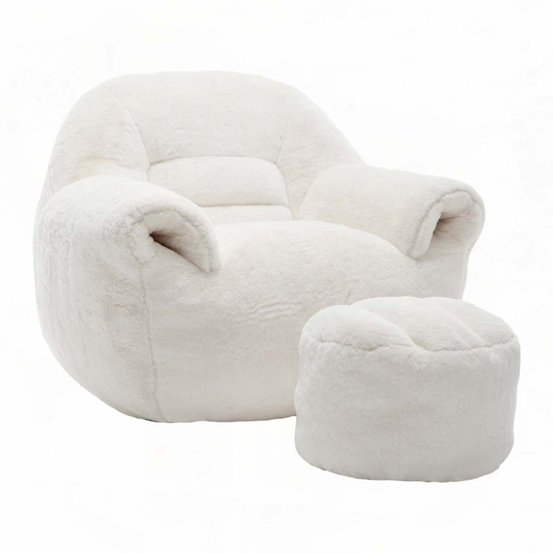 Fauteuil à billes en fausse fourrure avec repose-pieds, Fausse fourrure blanche