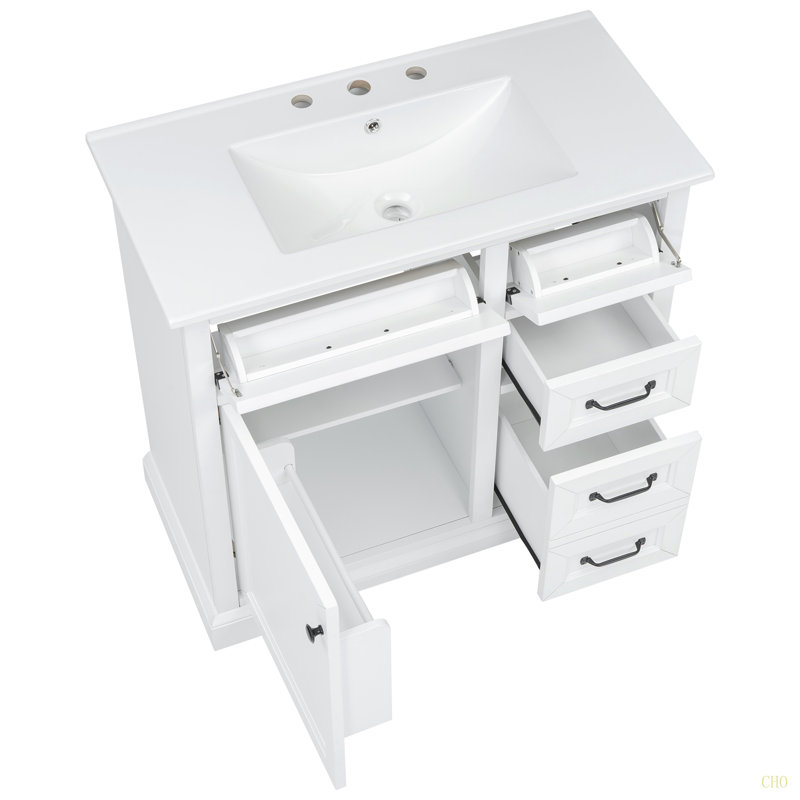 Meuble-lavabo 36 po avec lavabo, lavabo en céramique, 2 tiroirs basculants, charnières de porte à fermeture en douceur, Blanc