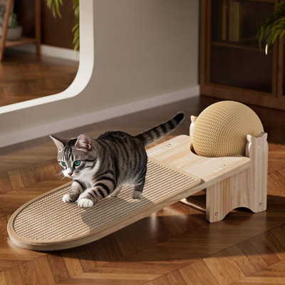 Grattoir pour chat incliné détachable avec balle en sisal et motif de roulement interactif