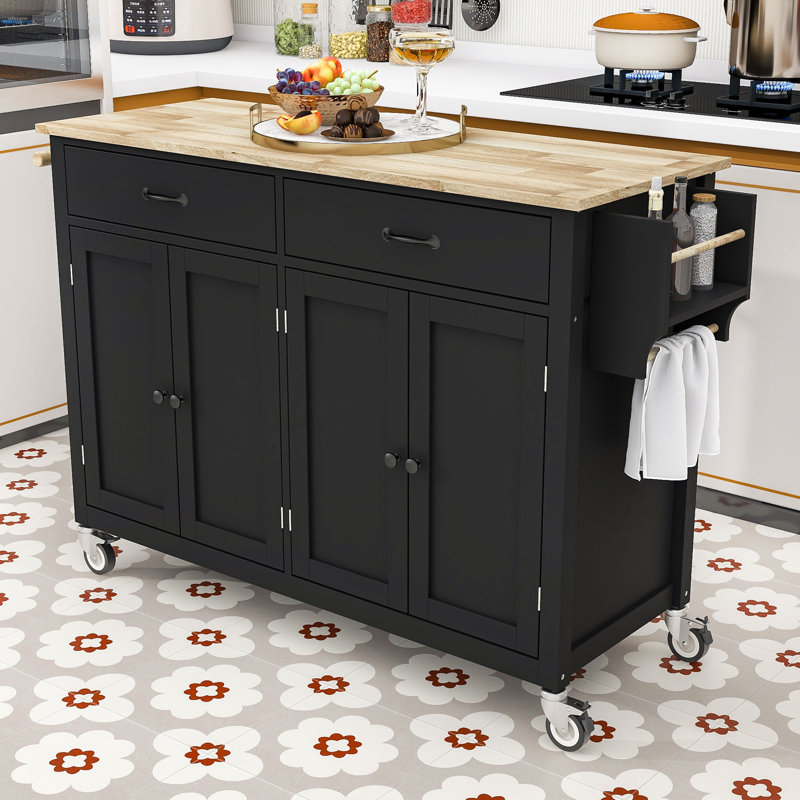 Dashane Kitchen Island Cart with Solid Wood Top, Adjustable Shelves and Cabinet, Black