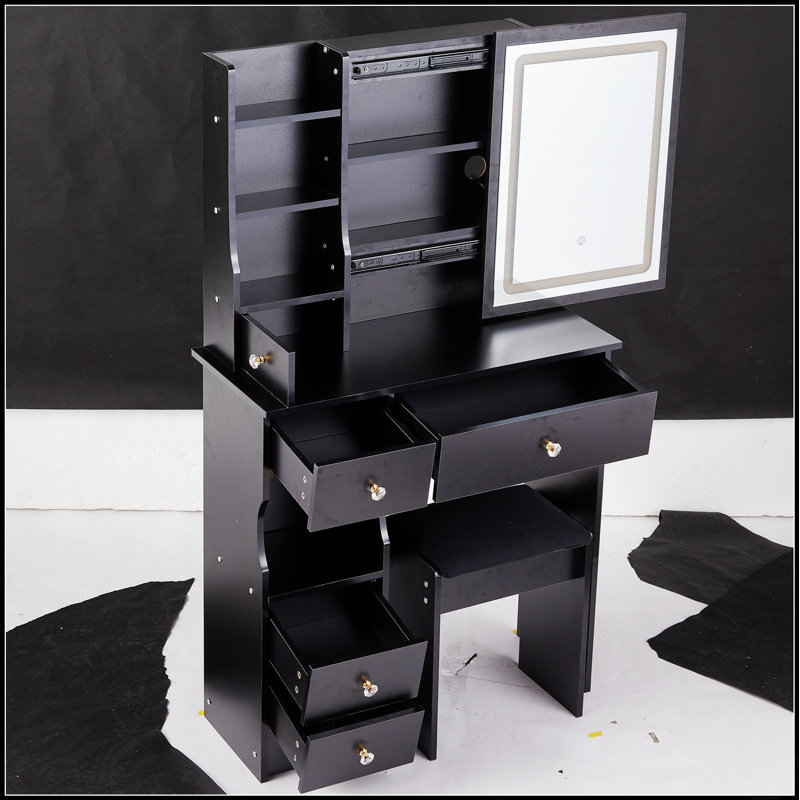Compact Vanity Table With Touch Control LED Mirror, High Capacity Storage, And Cushioned Stool For Small Spaces