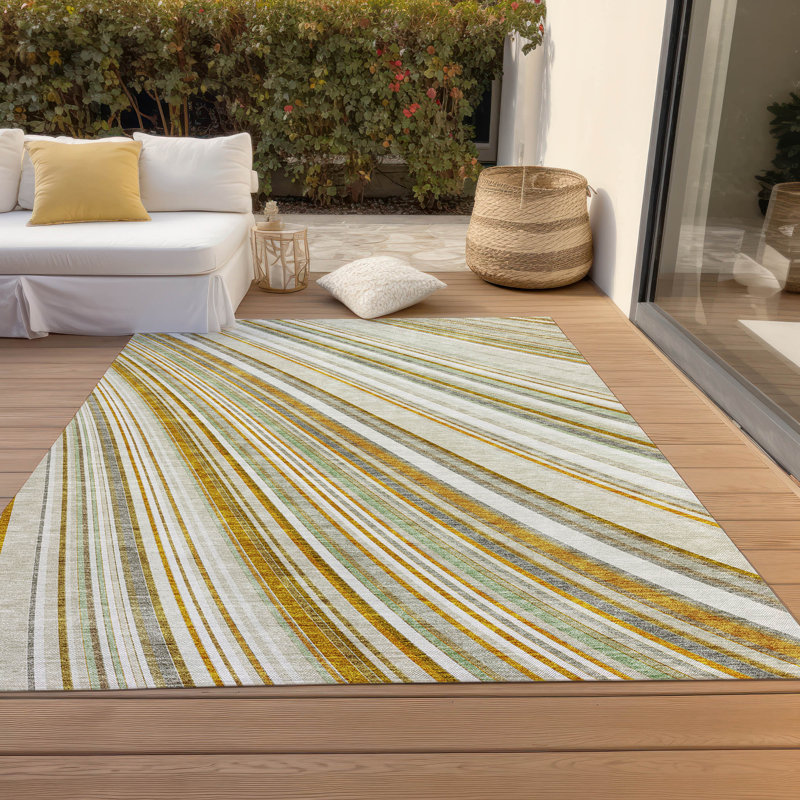 Ivory and Gray Striped Machine-Washable Indoor/Outdoor Rug