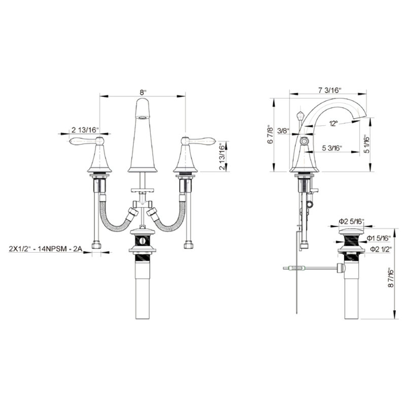 Robinet de salle de bain surdimensionné à deux poignées avec bonde Nita Contour, Chrome poli