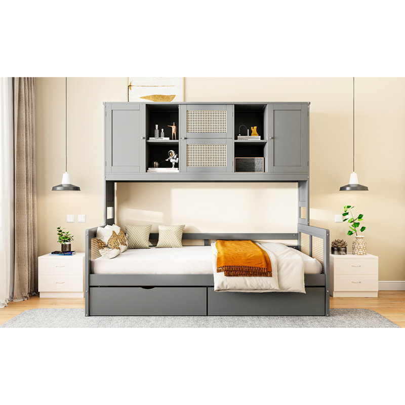 Lit de jour simple avec 2 tiroirs et tablette de rangement polyvalente, tablette compacte grise, bois