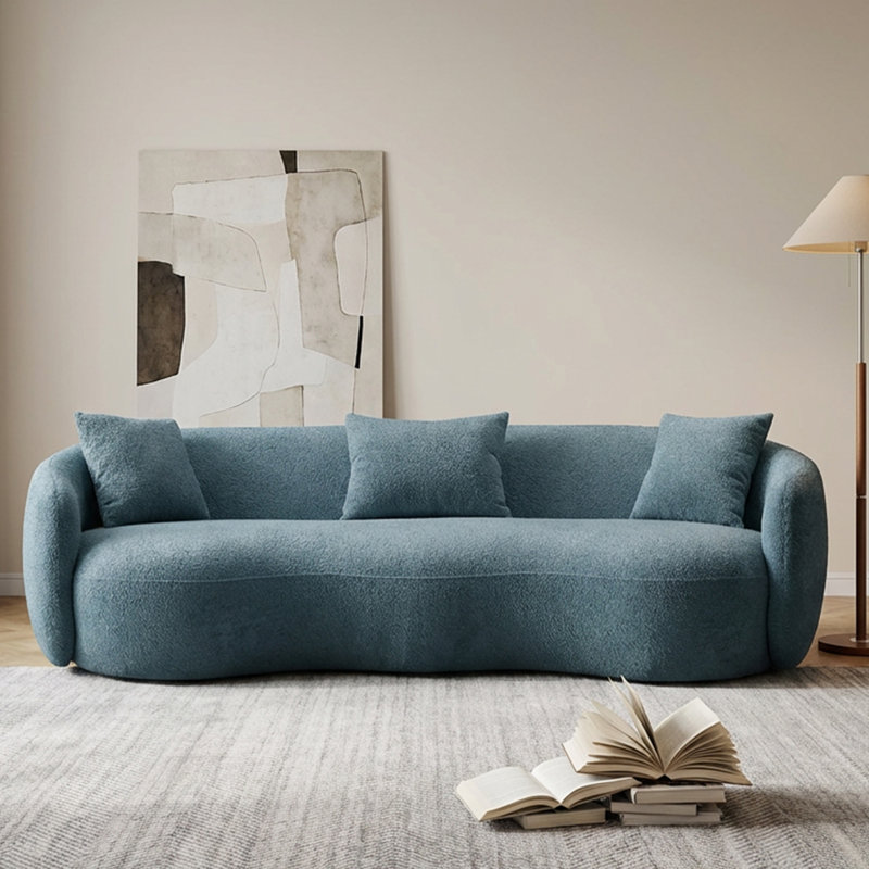 Canapé incurvé moderne Yazgur Boneless, Bouclé bleu, 26.9" H x 93.6" W x 41.3" D
