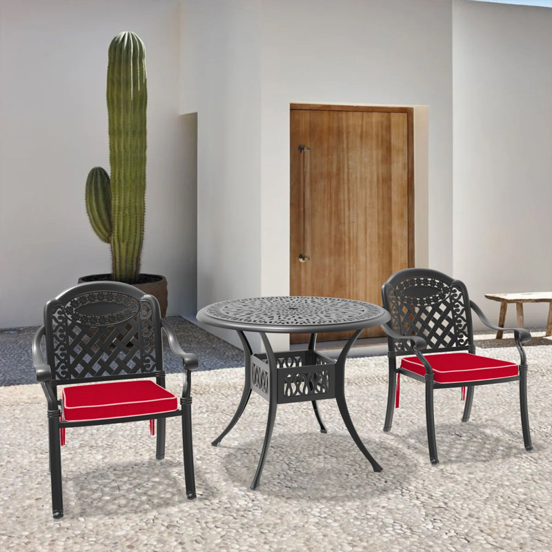  Ensemble repas de patio avec table ronde Akiesha, coussins rouges inclus, P 16,54 po x l 25,98 po x H 35,83 po, 2