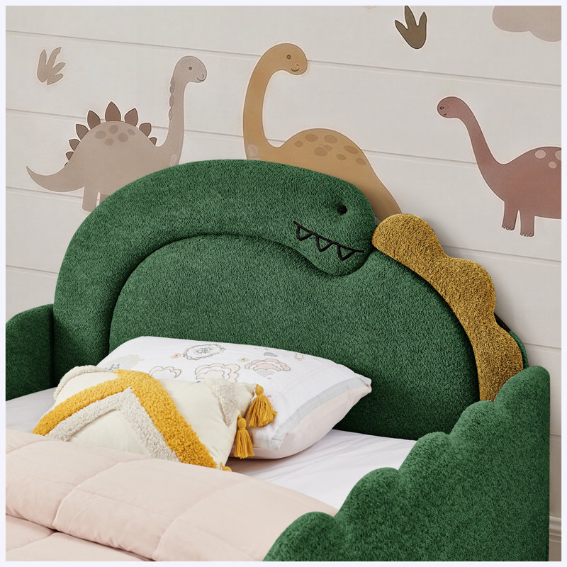 Lit double en forme de dinosaure avec barrière de sécurité, cadre en bois massif, tissu bouclé, vert, Vert