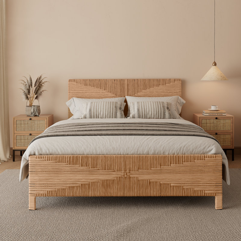 Boho Hand-woven PE Rattan Bed, Queen