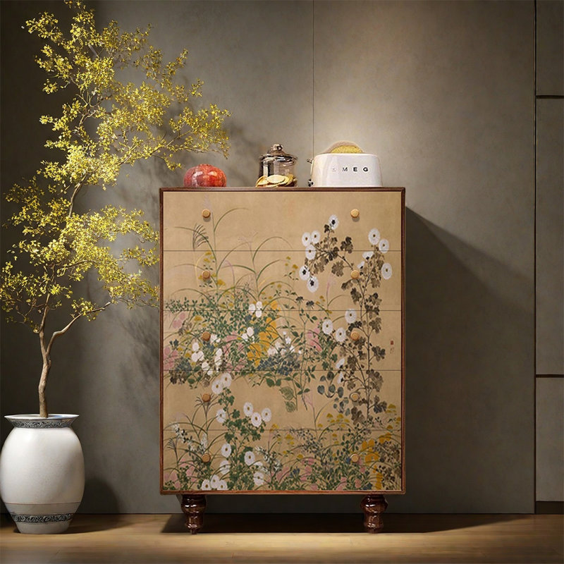Armoire de rangement à cinq tiroirs en bois de pin, Noyer