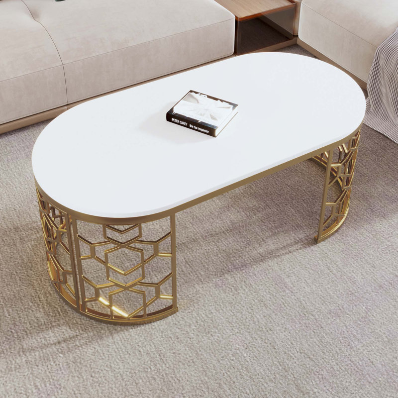 Modern Oval Coffee Table With Cut-Out Pattern Metal Stainless Steel Frame In 47.2"