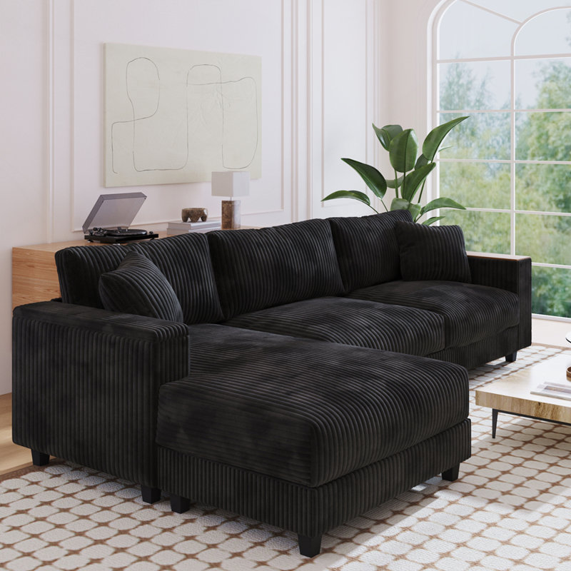 L-Shaped Sectional Sofa with Reversible Chaise and Hidden Storage for Living Room, Black