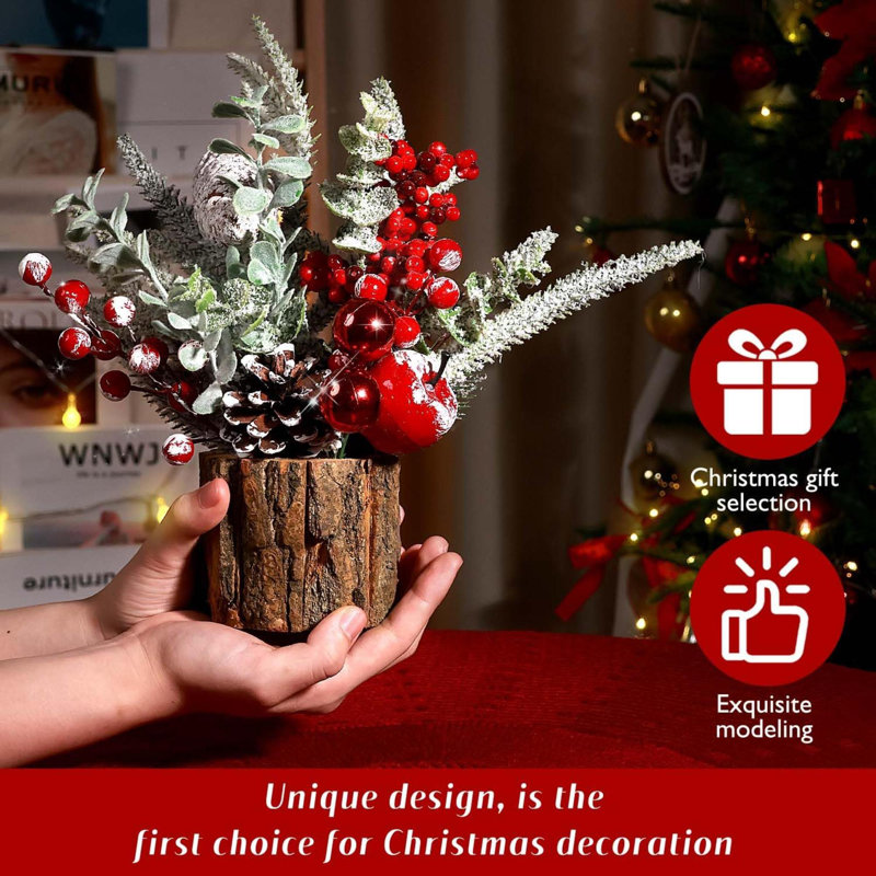 Christmas Tree Tabletop Artificial Mini Christmas Tree Decorations With Holiday Ornaments Berry Pine Cone For Home Indoor Fireplace Mantel Xmas Decor 2Pcs -Tree Stump