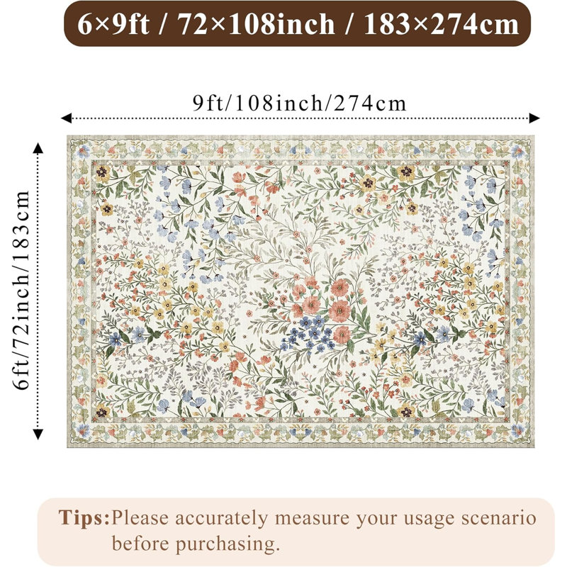 Tapis lavables à motif floral 180 x 270 cm : Tapis imprimé fleuri bohème mignon, antidérapant, à poils courts, idéal pour le salon, la chambre à coucher, la cuisine, le bureau, l’entrée, le couloir ou une pièce de style champêtre.