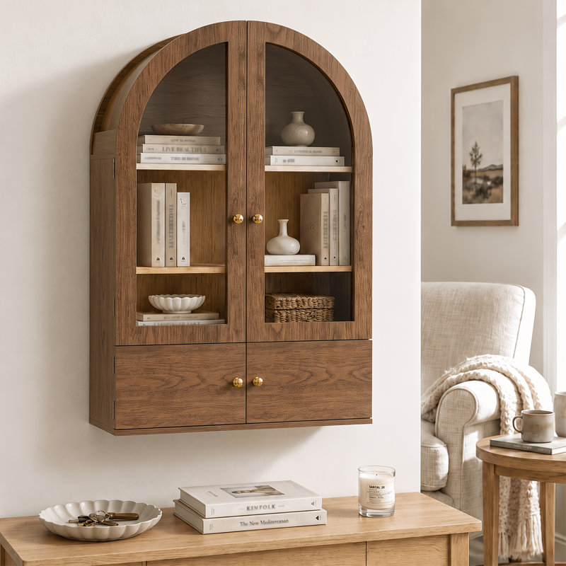 Pharmacie avec 2 portes en verre, tablette réglable, armoire de rangement murale pour salle de bain, Noyer