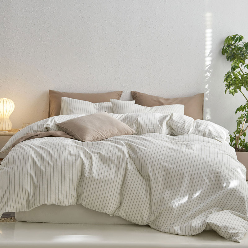 MooMee Striped Duvet Cover Set 100% Washed Cotton Linen Like Textured, Wide Stripes - White/Sage Green
