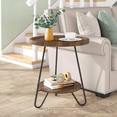 20" W Round Side Table, 2-Tier End Table with Metal Legs, Modern Industrial Bedside Table