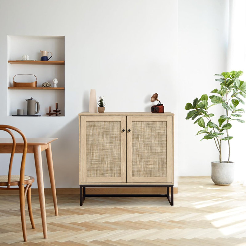 Buffet en rotin avec rangement et armoire de cuisine pour le salon, entrée, chêne clair