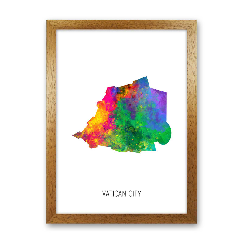 Vatican City Watercolour Map by Michael Tompsett - Print, 46cm H x 34cm W x 3cm D, Brown Framed