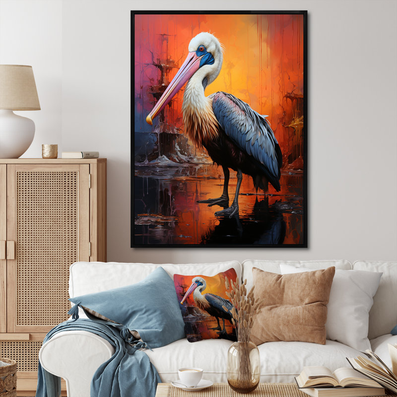 Coucher de soleil sur le rivage, Pélican Harmony V - Art mural pélican, Cadre flottant noir, 32" H x 16" W