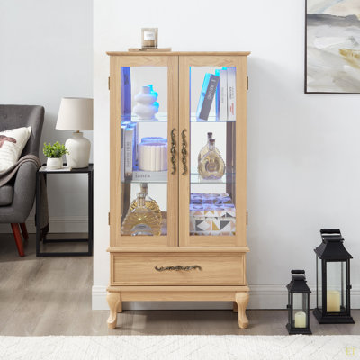 Lighted Curio Cabinet - Elegant Glass Display Cabinet With Adjustable Shelves, 2 Doors, And 1 Drawer - Wine Storage Sideboard With Included Bulb