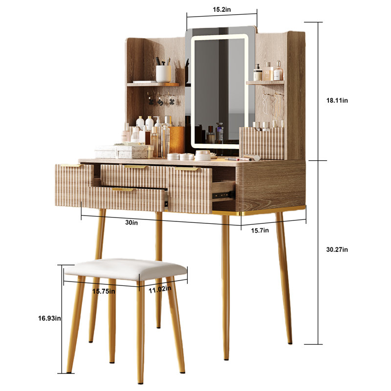 Ensemble de coiffeuse avec miroir Glam, Standard - avec quatre tiroirs