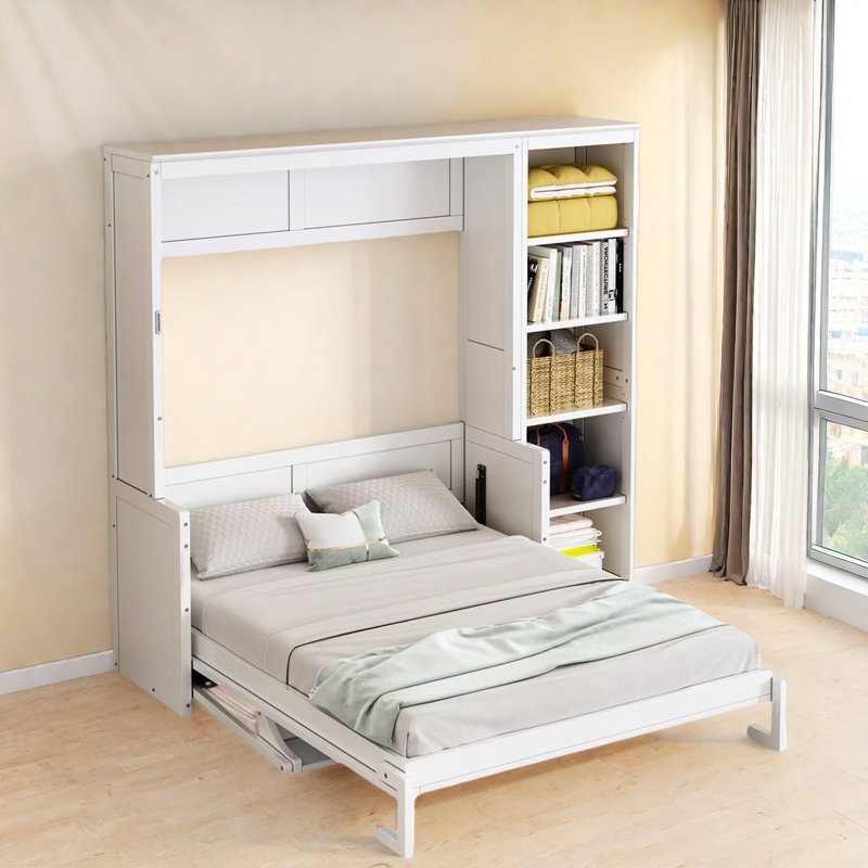 Lit escamotable avec bureau et tablettes Murphy, Double, Blanc