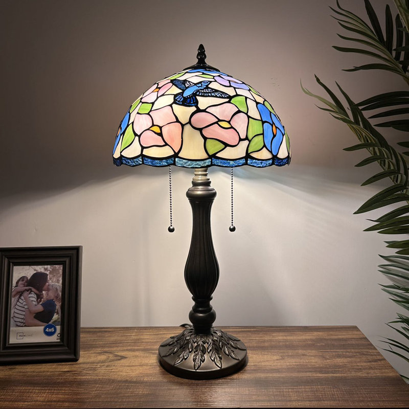 Bernhardus Tiffany Table Lamp Hummingbird Flowers Pink Blue Stained Glass Included LED Bulbs H22"