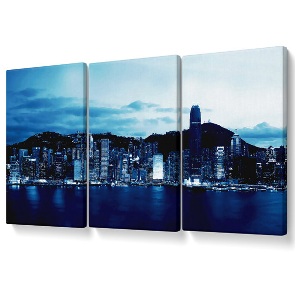 Ebern Designs Hong Kong Blue Harbour - 3 Piece Wrapped Canvas Print ...