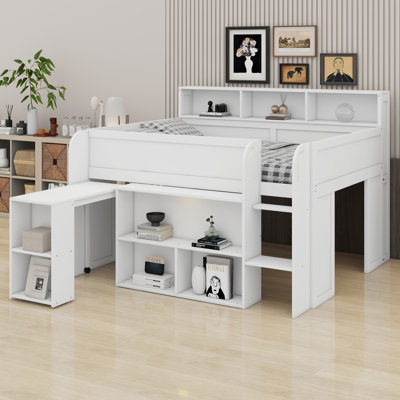 Modern Wood Loft Bed With Built-In Shelves, Study Desk & LED Lighting