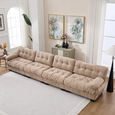 Canapé d'angle modulaire Cloud, 401 cm L x 89 cm P x 89 cm H, bois et flanelle, 4 pièces, forme L, brun clair, 6 coussins, assise profonde et modulaire