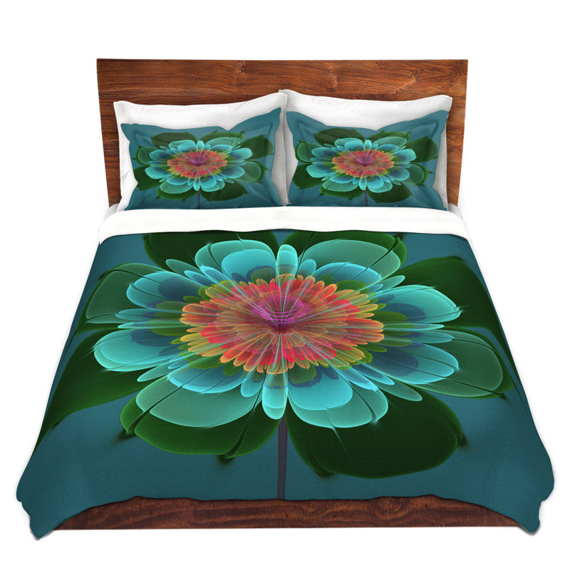 Ensemble de housse de couette de fleurs ghost, 1 housse + 2 taies très grand lit, Vert /Bleu / Rose