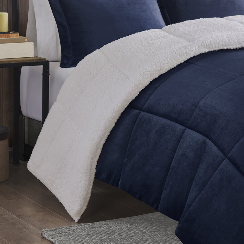 Alton Plush to Sherpa Down Alternative Ultra-Soft Comforter Set, Navy/Ivory, Queen Comforter + 2 Shams + 1 Decorative Pillow