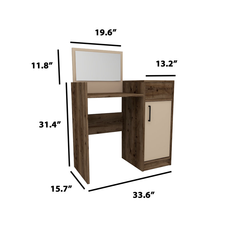 Table de maquillage pour coiffeuse avec miroir rectangulaire, Beige / noyer clair