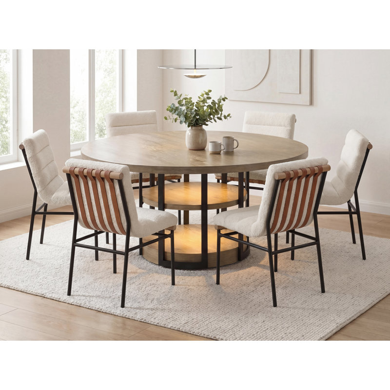 Ensemble de salle à manger rond en chêne rustique 59 "avec lumière DEL Elena