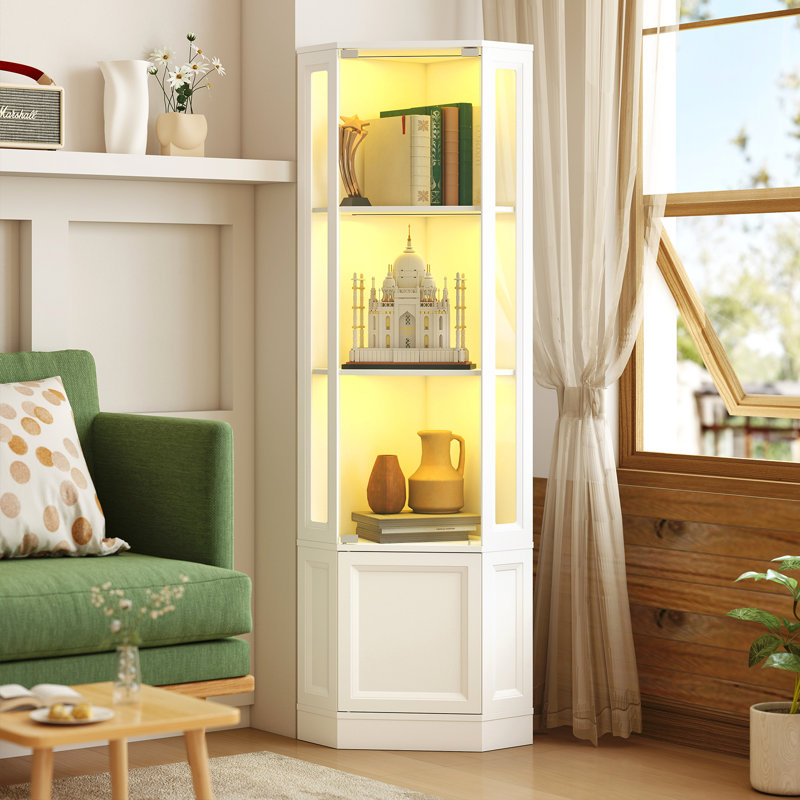 Vitrine de coin 65 "avec porte vitrée, lumières DEL et tablettes réglables, Blanc