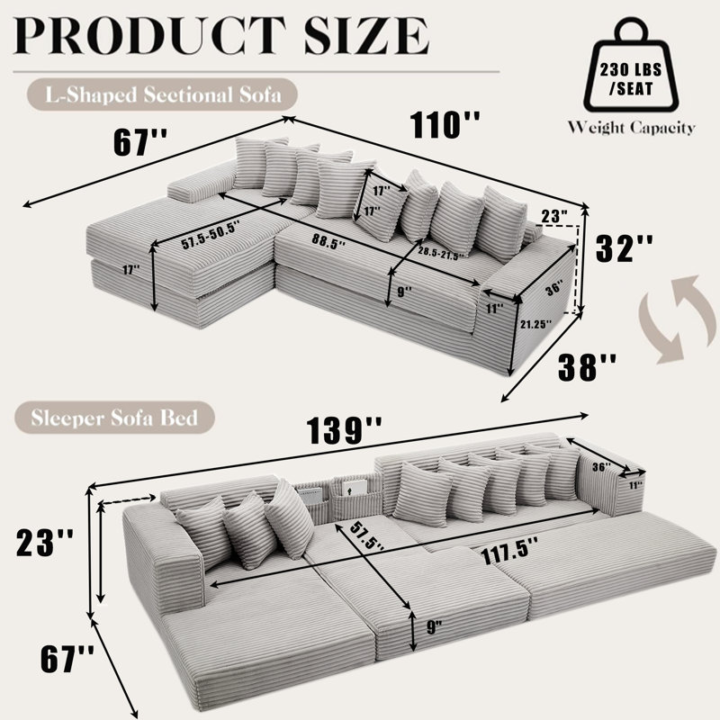 Canapé modulaire moderne en velours côtelé Veyra, Polyester gris clair