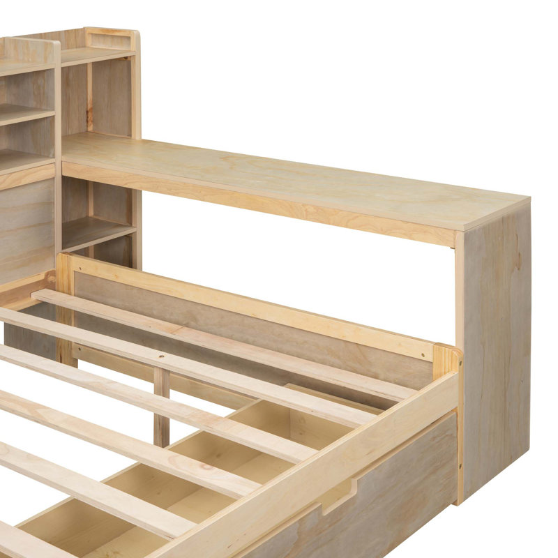 Baelee Wooden  Multi-Functional Daybed With Storage Shelves, 2 Storage Drawers And  Study Desk, Natural, Full