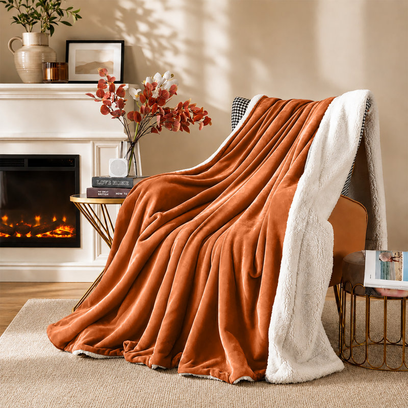 Sherpa Fleece Blanket - Reversible Ultra-Soft Warm Cozy Throw for Sofa & Bed, Rust, Single (130cm x 150cm)
