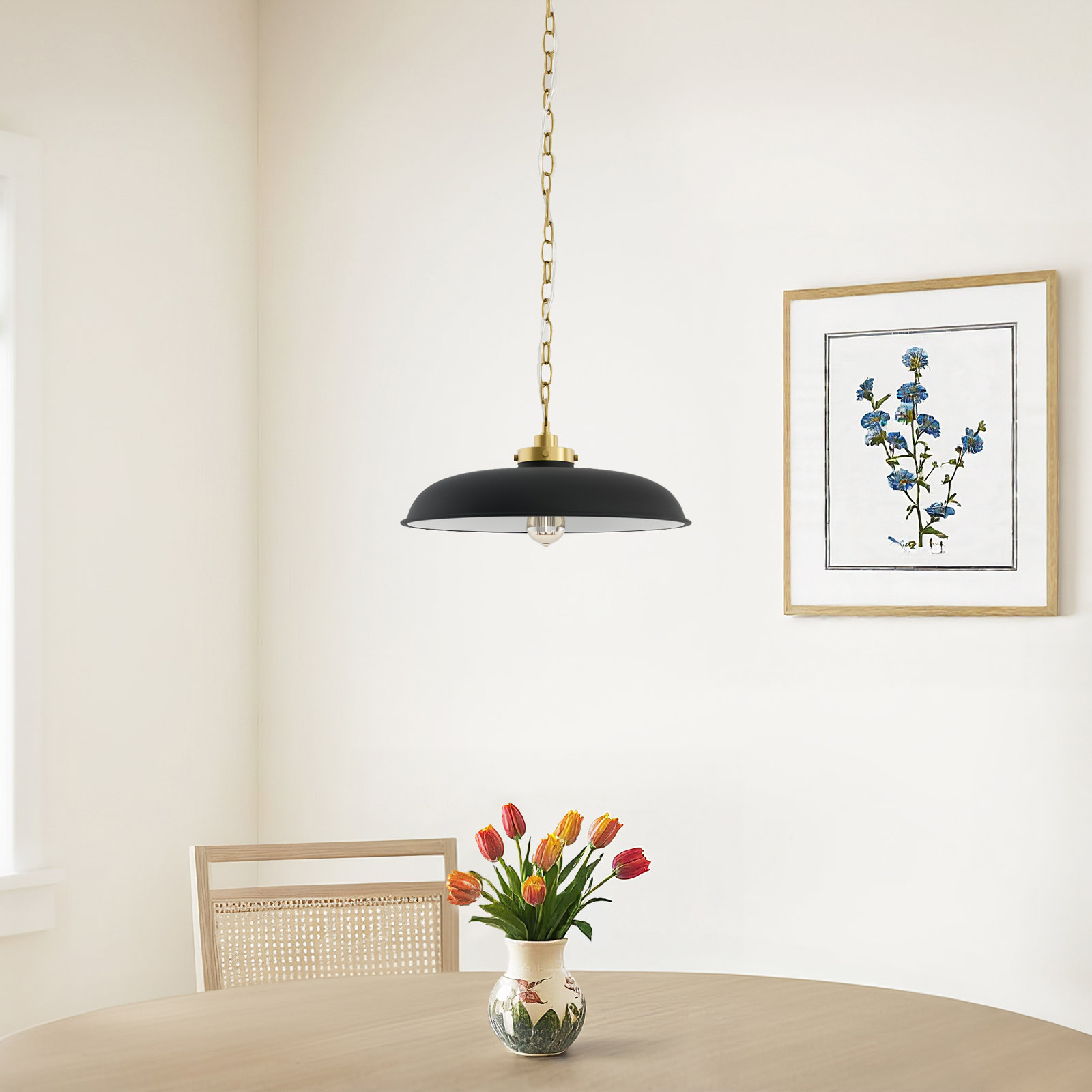 Tateos Single Light Steel Dimmable Pendant, Midnight Black, Burnished Brass