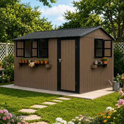 Contemporary Garden Style Waterproof Metal Storage Shed with Clear Windows Flower Display Racks Reinforced Construction and Lockable Single Door for Backyard Tool Organization