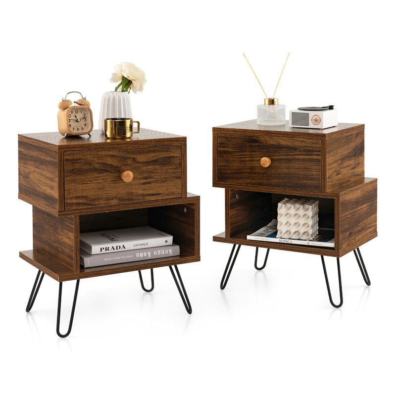 Ensemble de tables de chevet de style Mid-Century à 2 tiroirs de rangement Millwood Pines