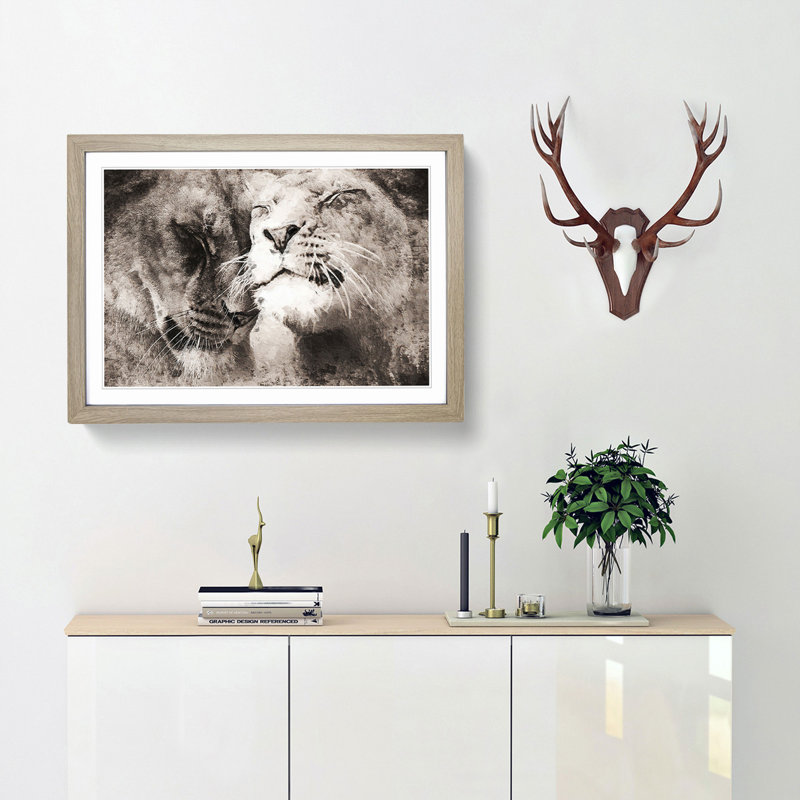 Pair of Loving Lions - Picture Frame Graphic Art Print, 36cm H x 48cm W x 2cm D, Oak Framed
