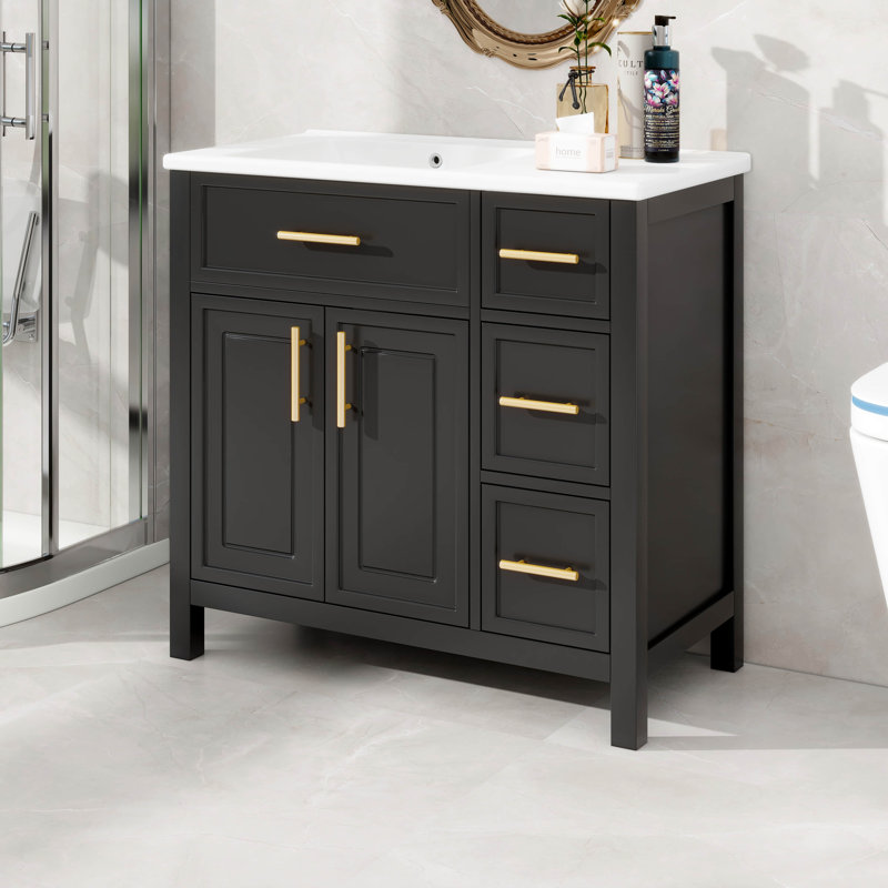 Meuble-lavabo 36 po avec lavabo et tiroir en céramique intégrés, Noir